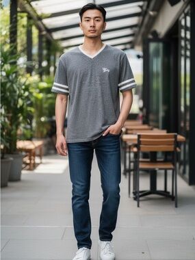 Men's Grey V-Neck Short Sleeve Tee with Contrast Sleeve Stripes